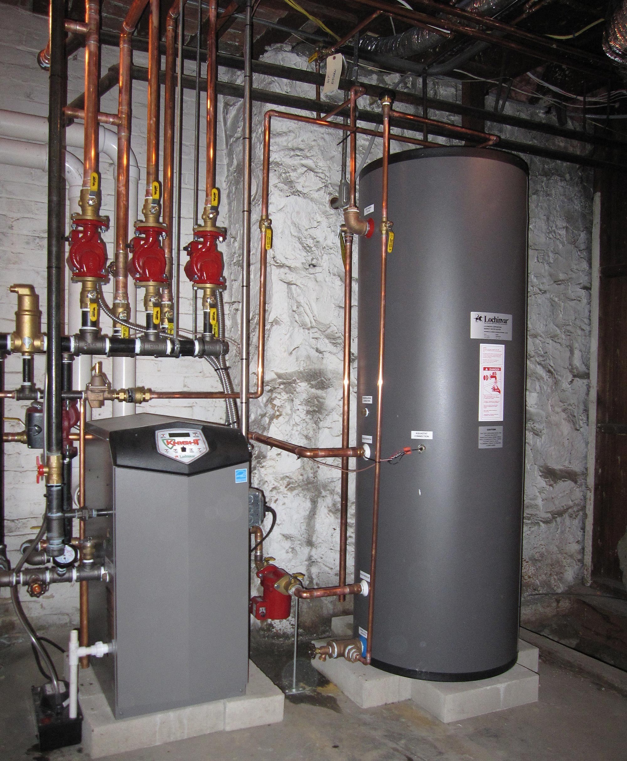 Floor Mounted High Eff FHW Gas Boiler with Indirect HW Tank and Unico High Velocity AC System