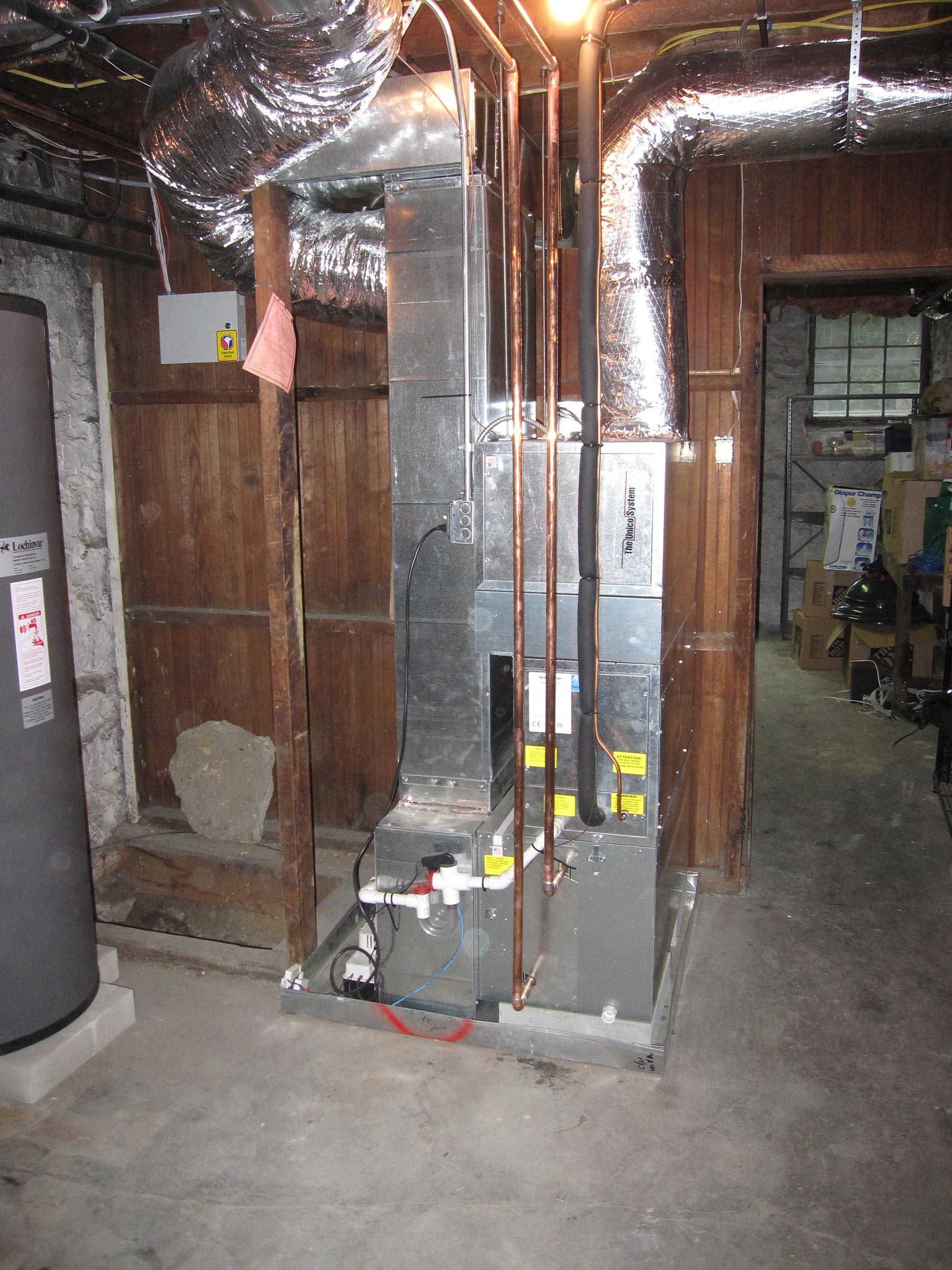 Floor Mounted High Eff FHW Gas Boiler with Indirect HW Tank and Unico High Velocity AC System