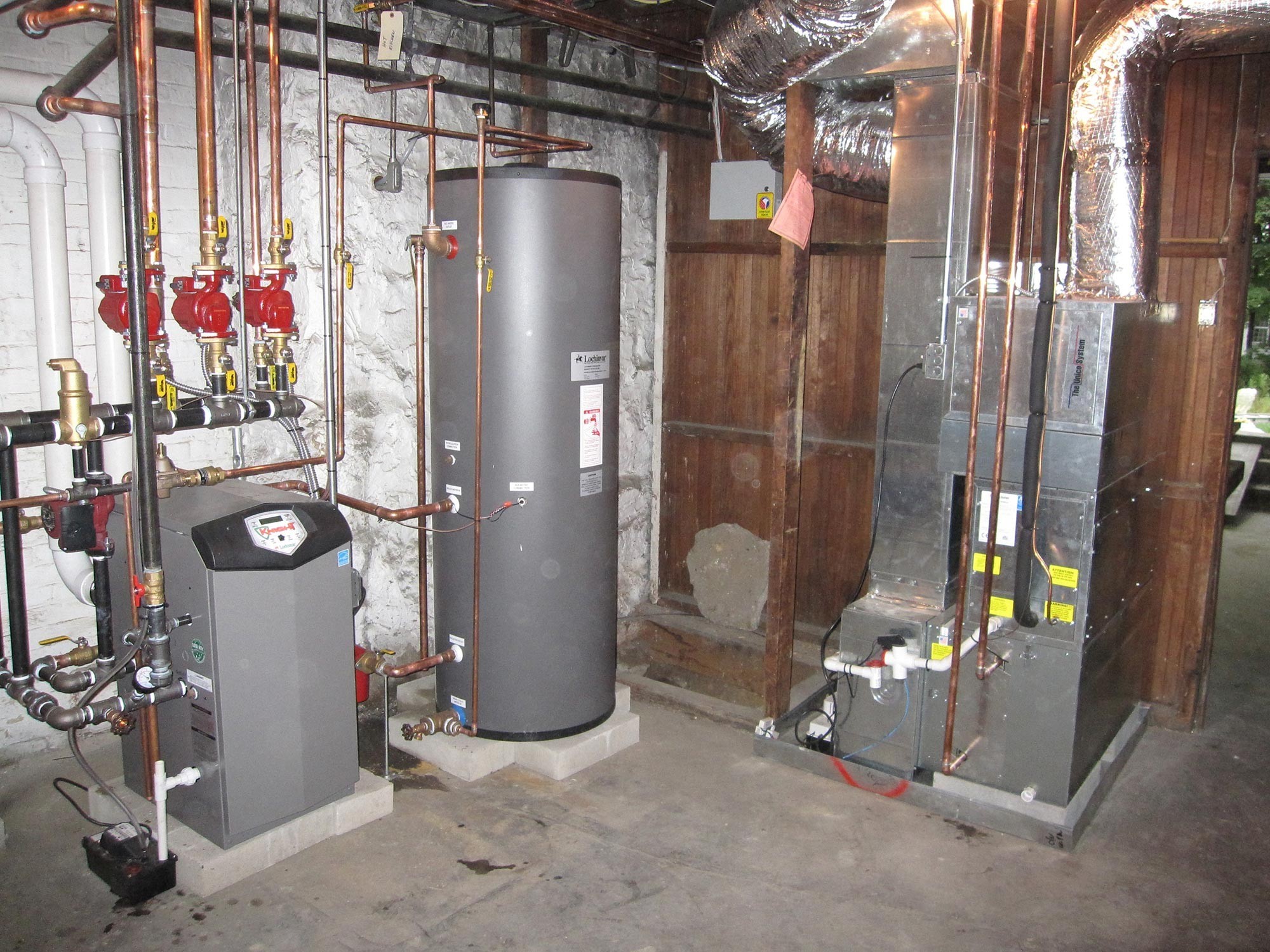 Floor Mounted High Eff FHW Gas Boiler with Indirect HW Tank and Unico High Velocity AC System