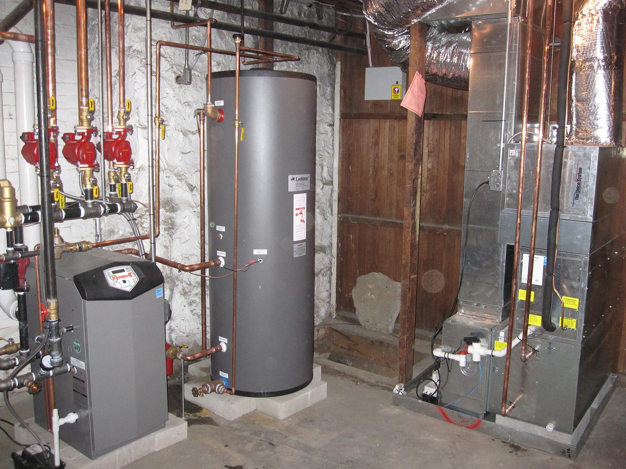 Floor Mounted High Eff FHW Gas Boiler with Indirect HW Tank and Unico High Velocity AC System
