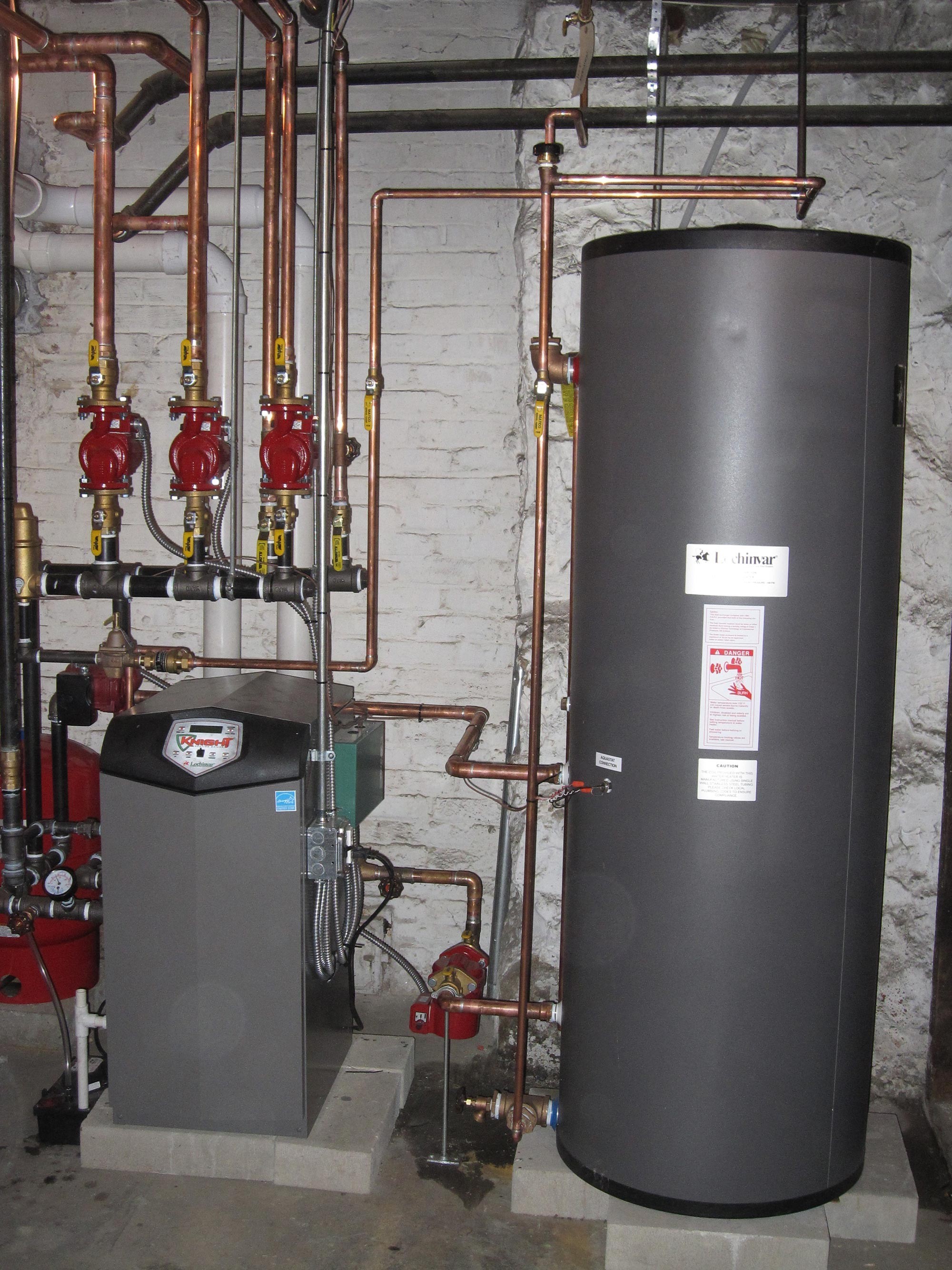 Floor Mounted High Eff FHW Gas Boiler with Indirect HW Tank and Unico High Velocity AC System