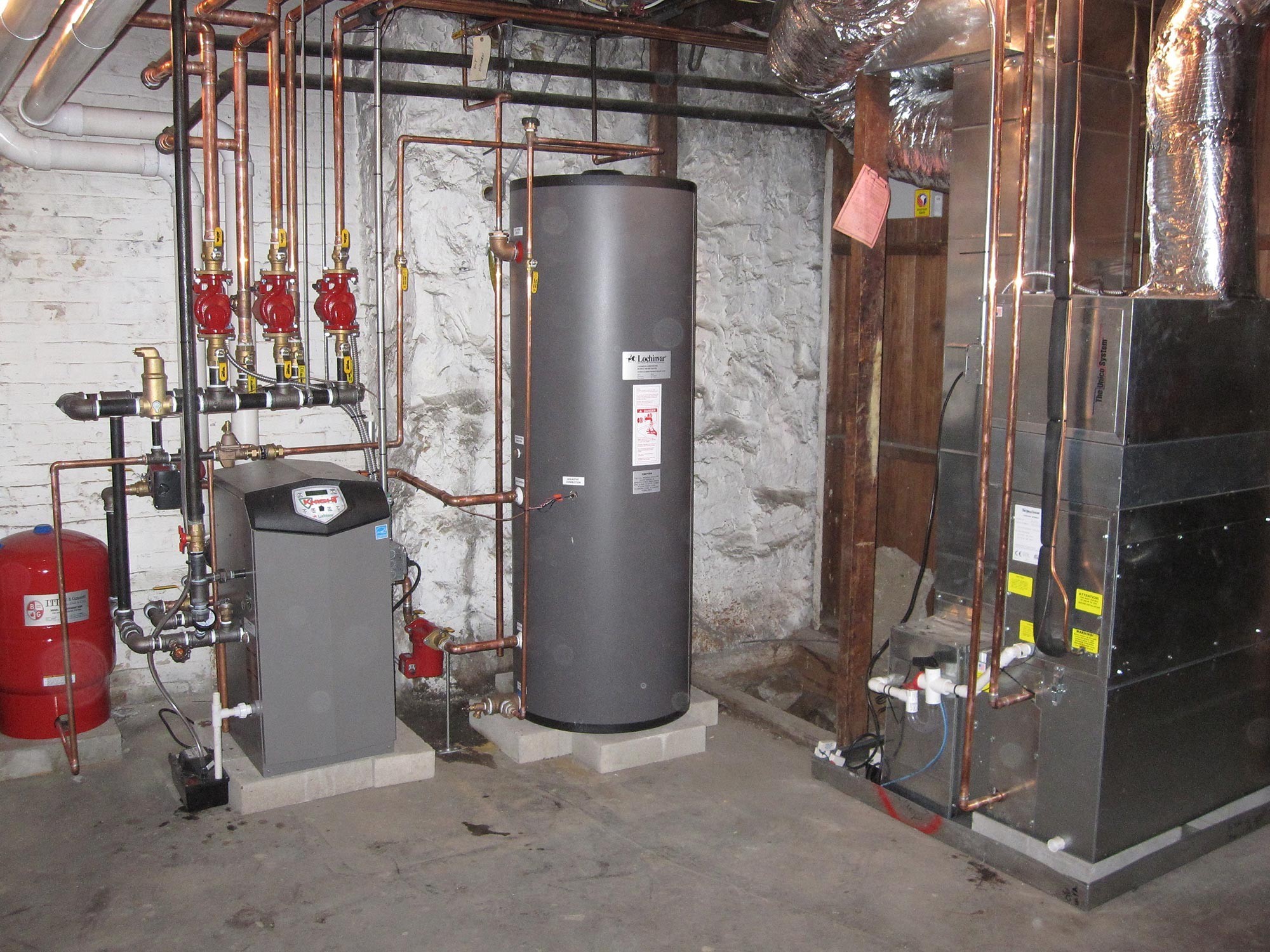 Floor Mounted High Eff FHW Gas Boiler with Indirect HW Tank and Unico High Velocity AC System