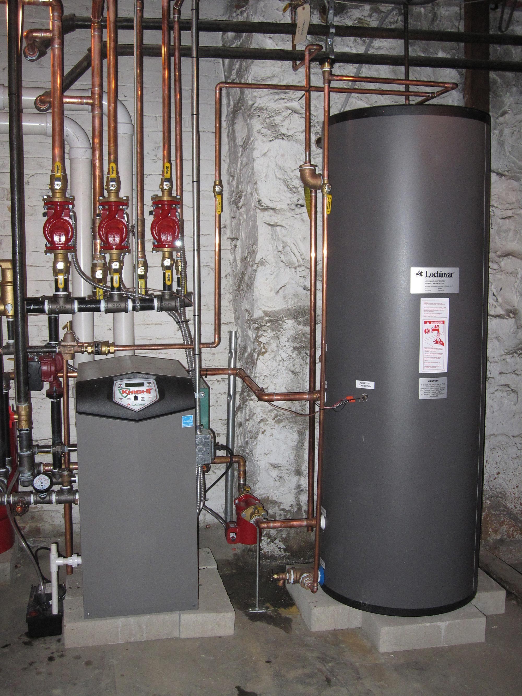 Floor Mounted High Eff FHW Gas Boiler with Indirect HW Tank and Unico High Velocity AC System