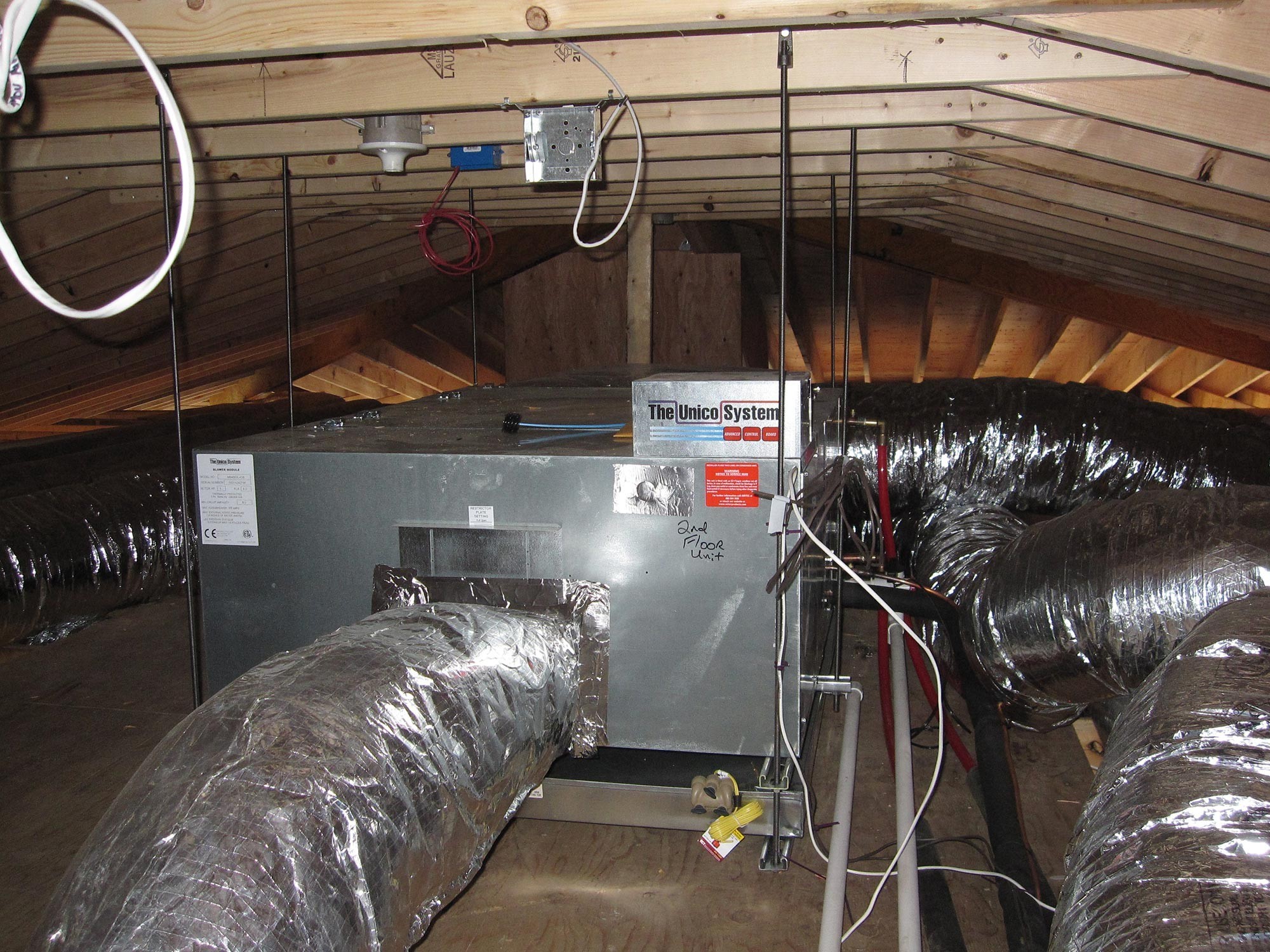 Floor Mounted High Eff FHW Gas Boiler with Indirect HW Tank and Unico High Velocity AC System