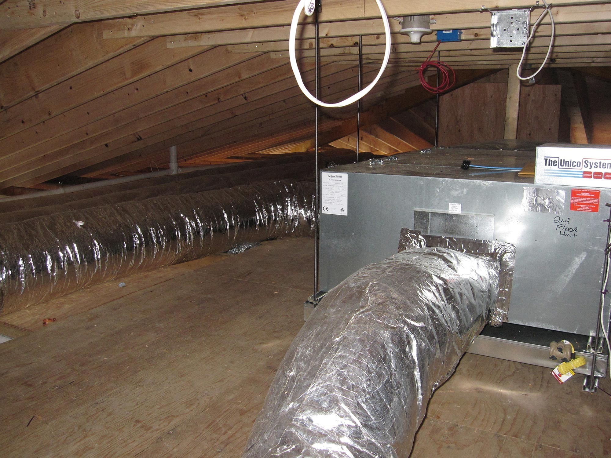 Floor Mounted High Eff FHW Gas Boiler with Indirect HW Tank and Unico High Velocity AC System