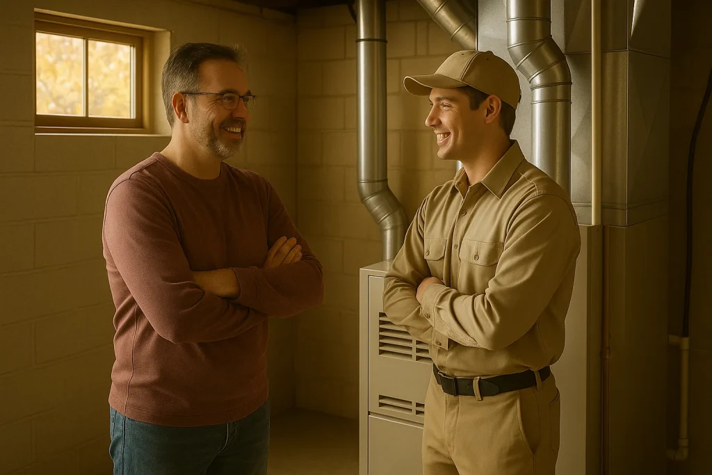 Homeowner and technician inspect furnace during September maintenance check