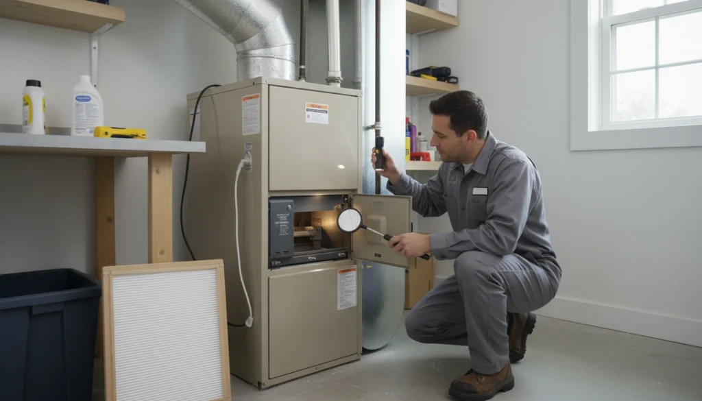 HVAC technician inspecting furnace and replacing air filter for heating efficiency
