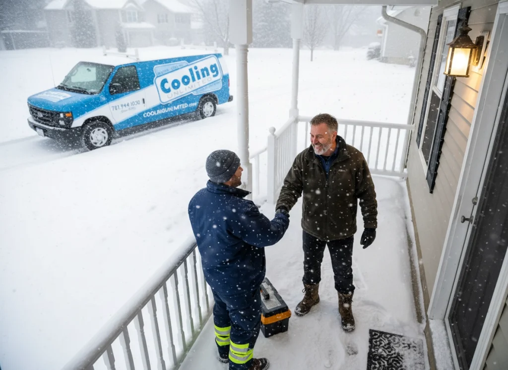 The homeowner greeting an HVAC technician on his front porch during the snowstorm.