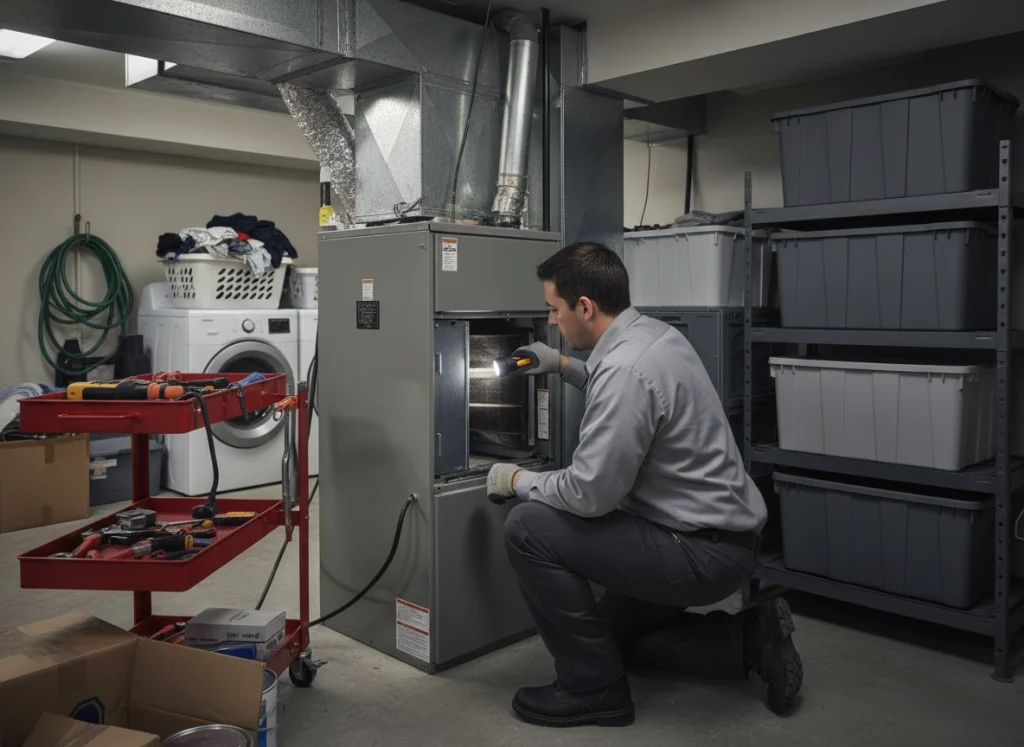 HVAC technician inspecting furnace components during January maintenance in basement