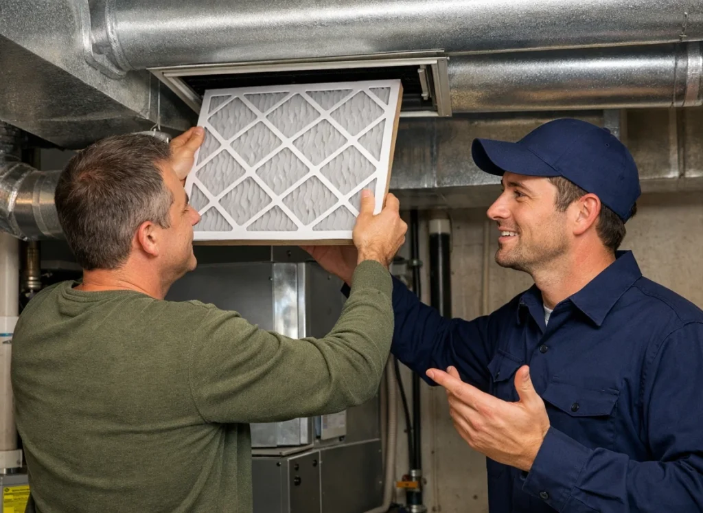 Homeowner changing HVAC filter to improve winter air quality