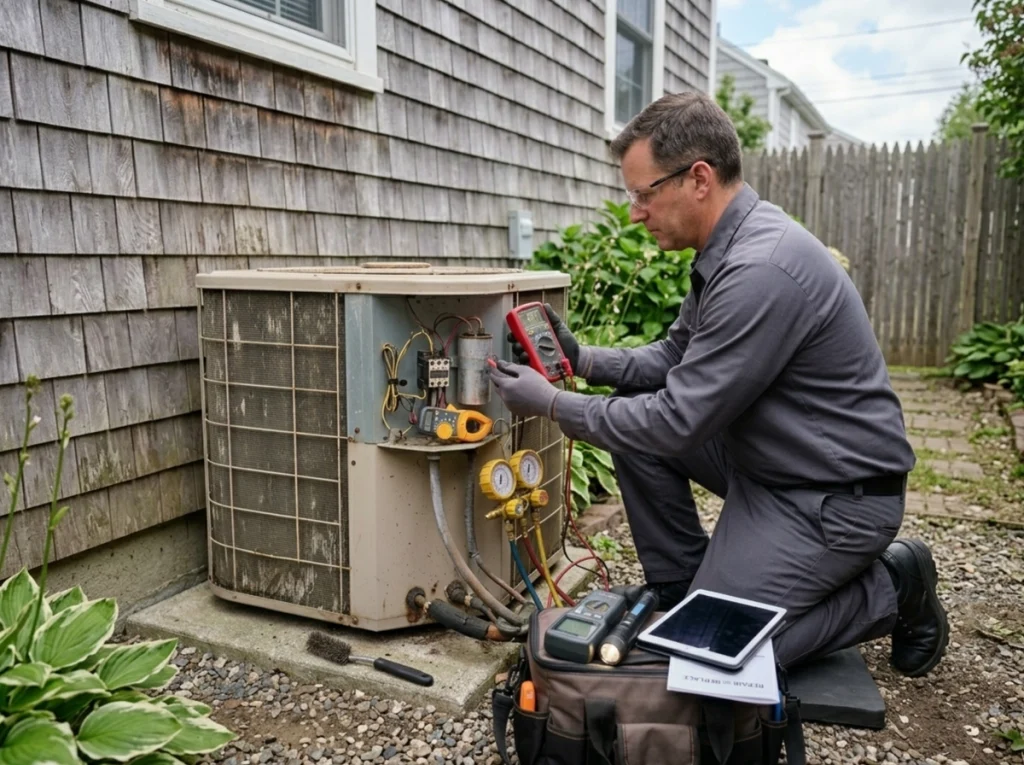 HVAC technician evaluating aging AC for repair or replacement