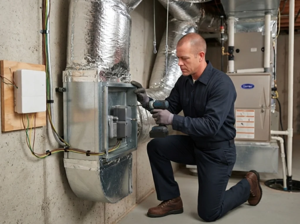 HVAC technician installing a motorized zone damper in Cambridge